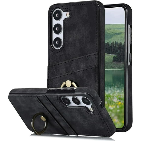 Card Slots Case for Samsung Galaxy S23 Ultra,Decase Galaxy S23 Ultra Wallet Case PU Leather Anti-Scratch Ultra Thin Phone Shell with 360° Ring Kickstand for Samsung Galaxy S23 Ultra - Black