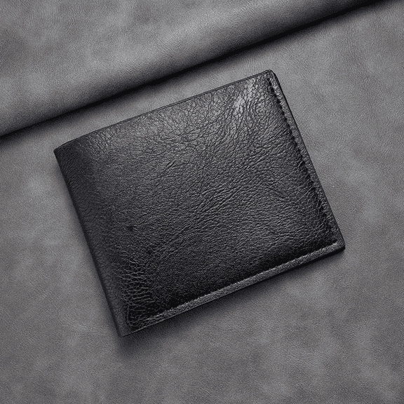 Card Slots, ID Window, Coin Pocket Men's Retro Style Bi-fold Leather Wallet, Black