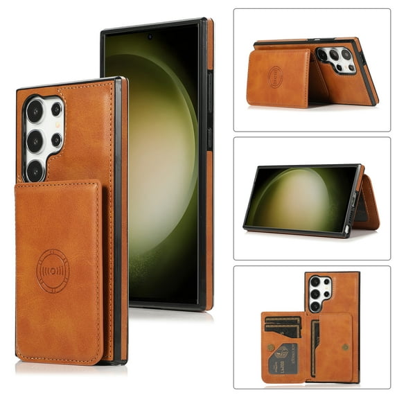 Card Slots Wallet Back Case for Samsung Galaxy S24 Ultra,Dteck Magnetic Leather Case Built-in 3 Cards Holder Pocket Case Kickstand Shockproof Cover, Yellow