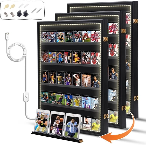 Card Sports Display Case with LED Light, Lockable Wall Frame with UV-Protected Acrylic for Basketball, Football, Hockey & Graded Trading Cards (Vertical, 3 Pack)