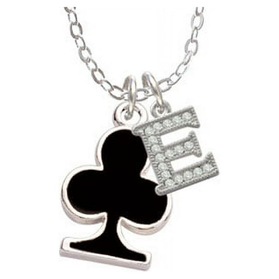 Card Suit - Black Club - E - Crystal Initial Sophia Necklace, 18"+1"