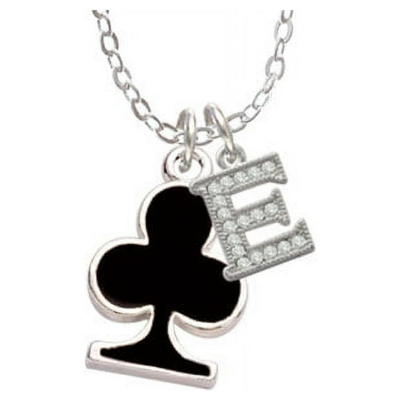 Card Suit - Black Club - E - Crystal Initial Sophia Necklace, 18"+1"