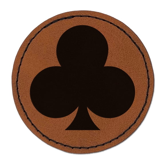 Card Suit Clubs 2.5" Faux Leather Round Engraved Iron-On Patch - Brown