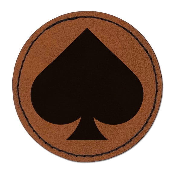 Card Suit Spades 2.5" Faux Leather Round Engraved Iron-On Patch - Brown