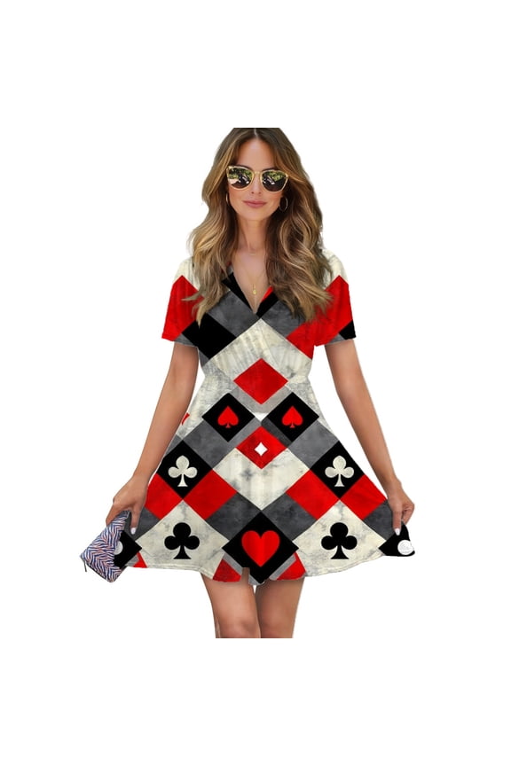 Card Suits Pattern Women Dress V-Neck Short Sleeve Flowy Swing Party Midi Dress