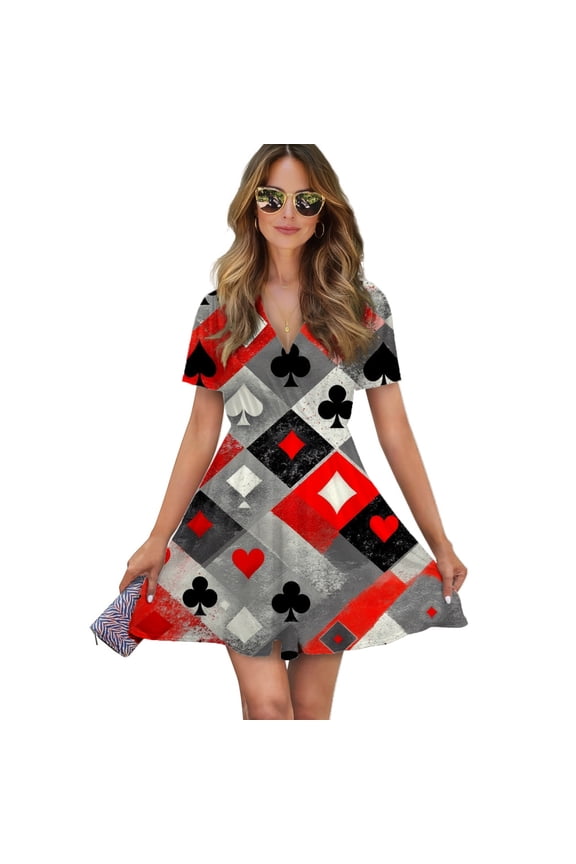 Card Suits Pattern Women Dress V-Neck Short Sleeve Flowy Swing Party Midi Dress