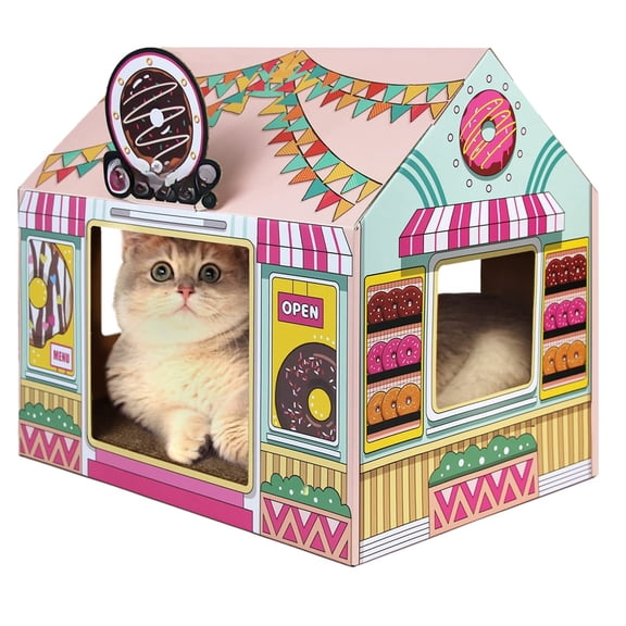 Cardboard Cat House with Scratcher/Catnip (16.5'' x 12'' x 15''), Donut Shop for Indoor/Outdoor, Cat Scratch Box & Home Decor, Hideout for Small Animals
