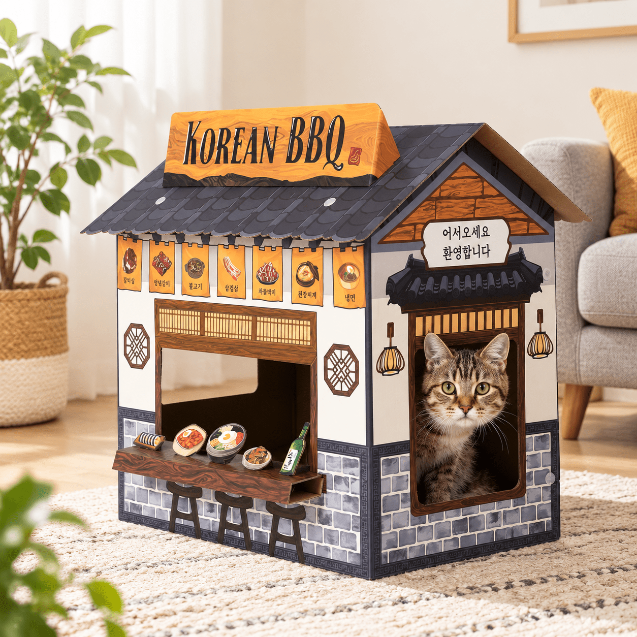 Cardboard Cat House with Scratcher, Large Sturdy Indoor Cat Condo Cave ...