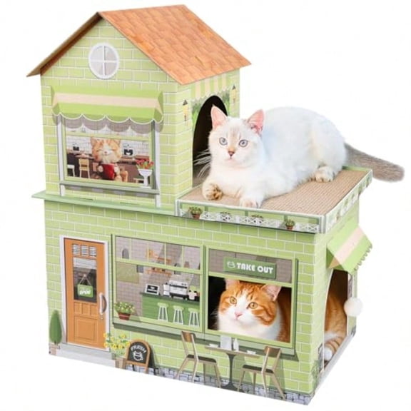 Cardboard Cat Houses For Indoor Cats Kitten Scratcher Houses Condos Cafe Themed Hut Hideout Play House Bed With Scratching Pads Scratch Box For Large Kitty Rabbit Bunny Small Animals