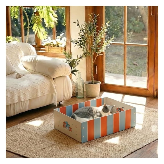 Cardboard Cat Scratcher Box and Bed, Heavy Duty Cat Scratch Pad for Indoor Cats, Durable Wood-Pulp Scratching Board with Lounge House Design, Low Mess Cat Furniture Protector, Multicolor
