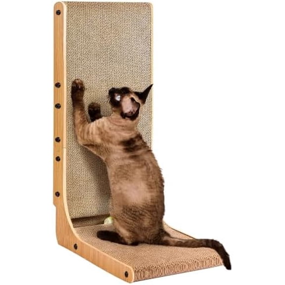 Cardboard Cat Scratcher for Indoor Cats, 26.8 Inch L Shaped Vertical Cat Scratching Board with Ball Cat Toy, Large Cat Scratcher Pad, Brown