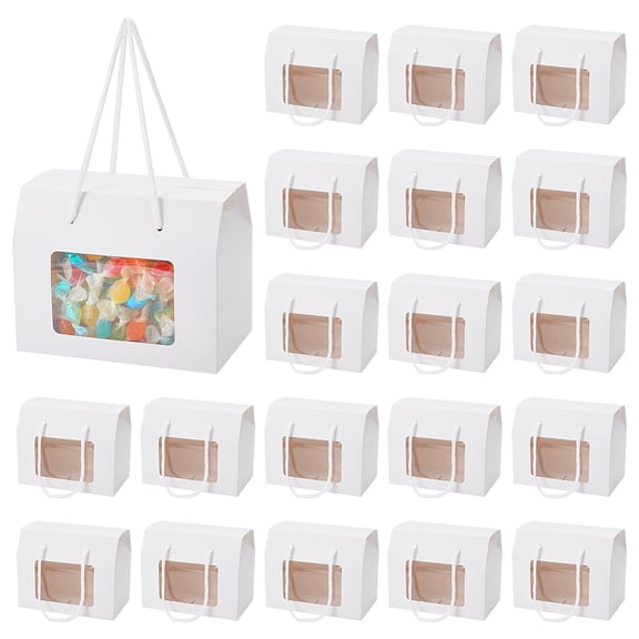 Cardboard Gift Handle Boxes with Polyester Ropes Plastic Visible Window Case Rectangle White 15x9x12cm for DIY