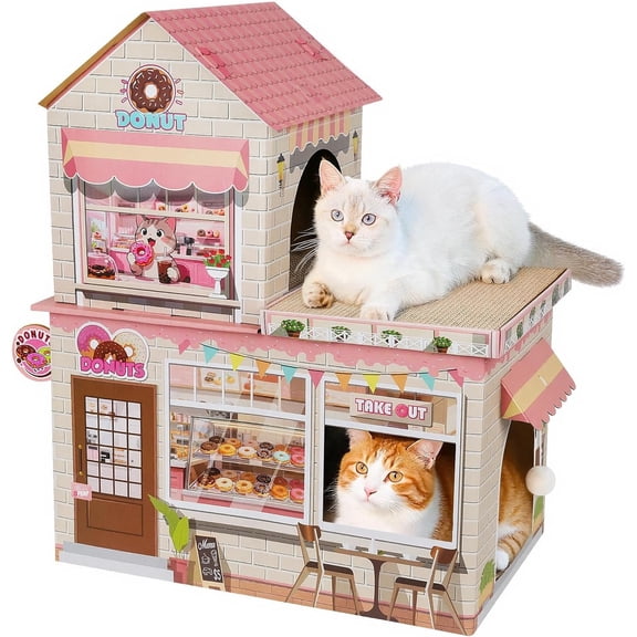 Cardboard Houses for Indoor Cats - Kitten Scratcher Houses & Condos, Donuts Themed Hut Hideout Play House Bed with Pads, Scratch Box for Large Kitty Bunny Small