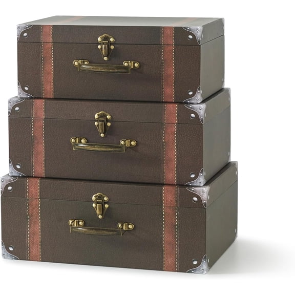 Cardboard Suitcase Boxes with Handle (Set of 3, Brown Suitcase) | Travel-Themed Paperboard Boxes with Lids for Decoration, Photo Props, Centerpieces
