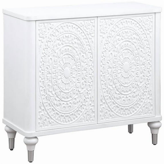 Benjara Cardi Accent Cabinet- 2 Medallion Carved Doors- 36" Classic White
