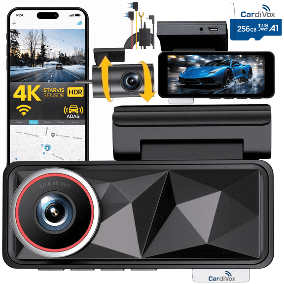 CardiVox 4K Dash Cam Front and 2K Rear Dash Camera Sony STARVIS, WiFi GPS Free 256GB