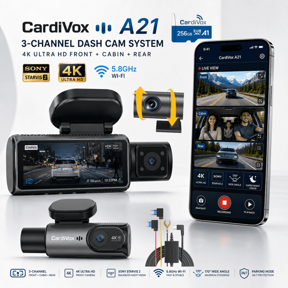 CardiVox A21 3 Channel Dash Cam 4K+2.5K+2.5K Sony STARVIS 2 GPS WiFi ADAS Free 256GB