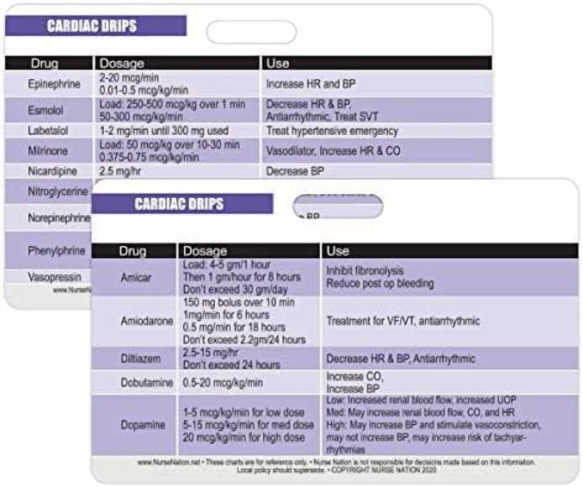 Cardiac Drips Reference Horizontal Badge Card - Excellent Resource for ...