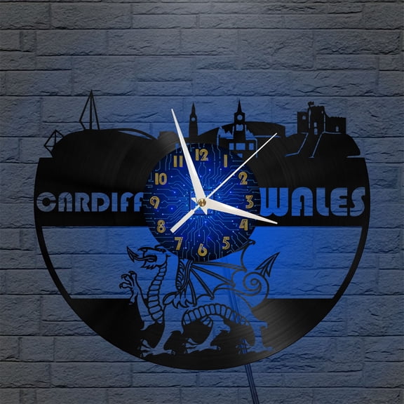 Cardiff Wales City View 12 Inch Vinyl Record Wall Clock - Silent, Creative, and Unique Clock for Living Room, Entryway, or Bedroom Decor - Perfect Gift Idea(12 inchs B with LED)