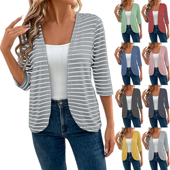 Cardigan 2026 Fall Long Sleeve Open Front Sweater Women's Casual Striped Long-Sleeve Cardigan Jacket/Top Gray Xl