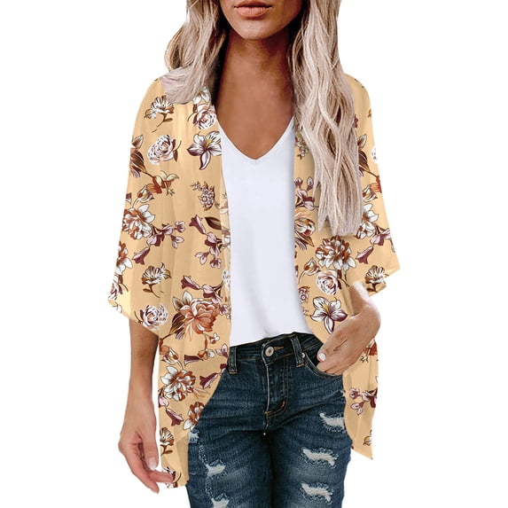 Cardigan 3/4 Sleeve for Women Lightweight Yellow,Kimono Cardigans for Women Summer Floral Print Puff Sleeve Chiffon Tops Lightweight Loose Cover Up Casual Blouse Tops