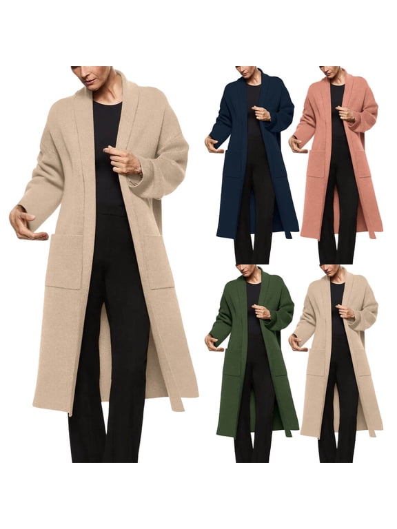 Cardigan Coat for Women with Pockets Plus Size Solid Color Long Sleeve Jacket Women Long Sleeve Coat Suit Cover Smock Casual Outerwear Navy L