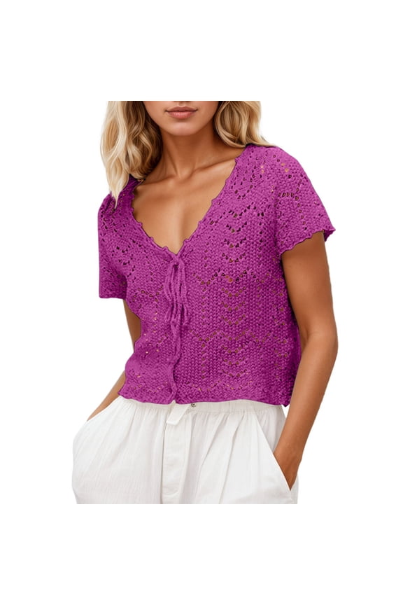Cardigan For Women Breathable Lace Knit Summer Beach Cover Up For Short Sleeve Open Front Light Weight Cardigan