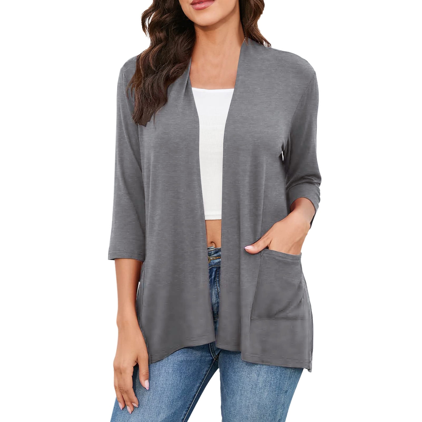 Women's Lightweight Long Cardigan – 3/4 Sleeve Open Front Duster With Pockets (Green, Small) - View #13