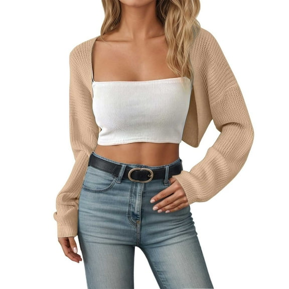 Cardigan for Women Cropped Open Front Long Sleeve Bolero Solid Knit Sweater Short Shawl Casual Loose Shrugs for Women Khaki L