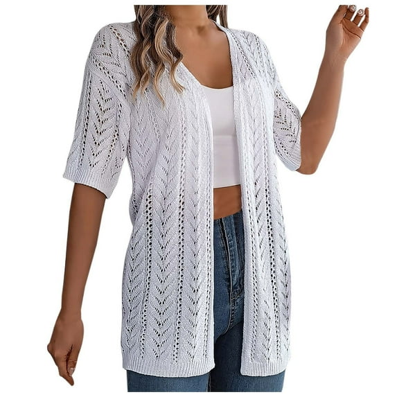 Cardigan For Women Dressy Solid Color Crochet Short Sleeve Knit Open Front Sun Cover Up Fall Casual Elegant Shrugs
