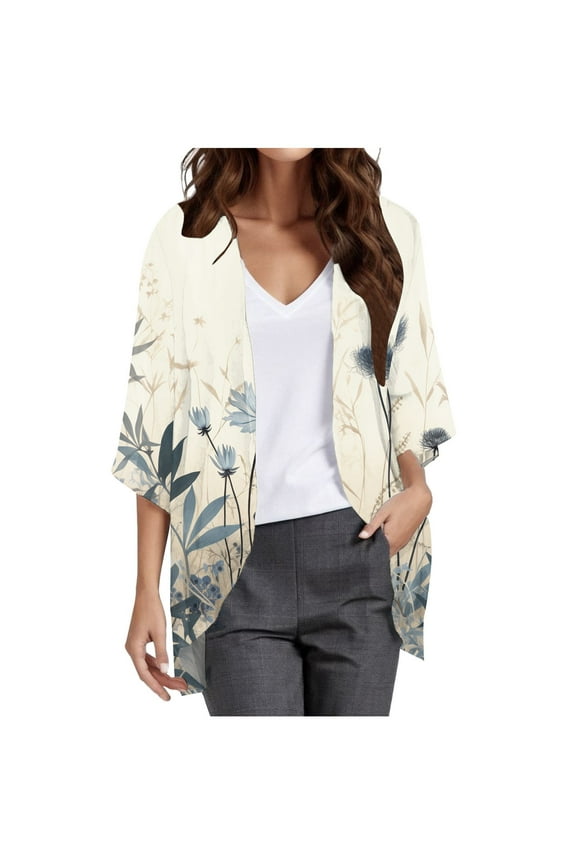 Cardigan For Women Lightweight Floral Print 3/4 Sleeve Kimono Loose Fit Blouses Cover Up Chiffon Casual Open Front Shrugs
