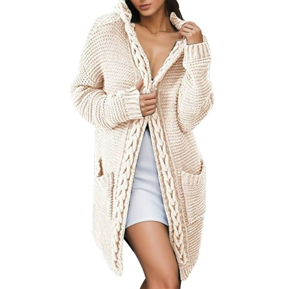 Cardigan For Women Long Knitted Sweater With Cable Knit Hooded Pocketed Light Weight Cardigan