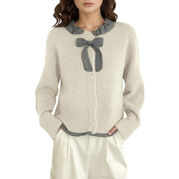 Cardigan For Women Plaid Bow Tie Knit Sweater Top Long Sleeve Button Down Front Soft Casual For Lightweight Cardigans