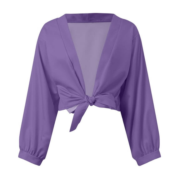 Cardigan for Women Tie Front Elegant Sweetheart Ruffle Bolero Long Sleeve Solid Open Front Shawls Casual Shrugs for Women Purple S