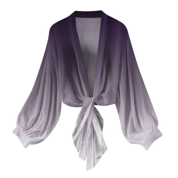 Cardigan for Women Tie Front Lantern Long Sleeve Thin Beach Boho Style Gradient Open Front Top Summer Casual Loose Shrugs for Women Light Purple XL