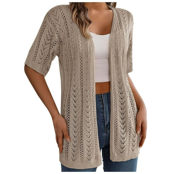 Cardigan For Women Trendy Solid Color Crochet Short Sleeve Knit Open Front Sun Cover Up Fall Casual Elegant Shrugs