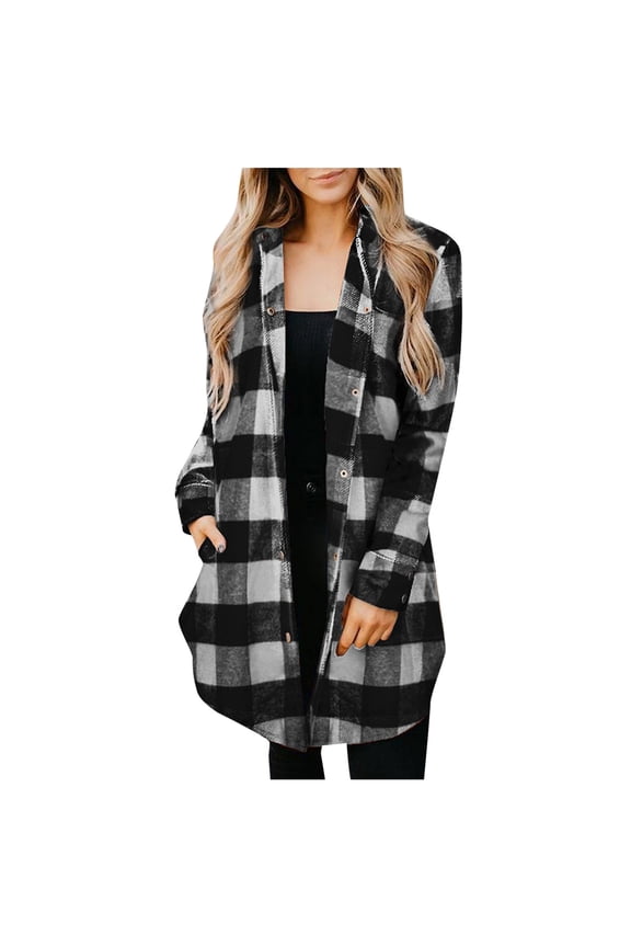 Cardigan For Women ‘s Classic Plaid Print Snaps Mid-Length Long Sleeve Button Open Front Light Weight Cardigan
