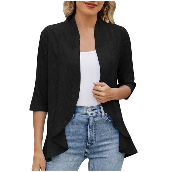 Cardigan For Womens Casual Spring Summer Solid Color Cardigan Coat 3/4 Sleeve Ruffled Top Black XL