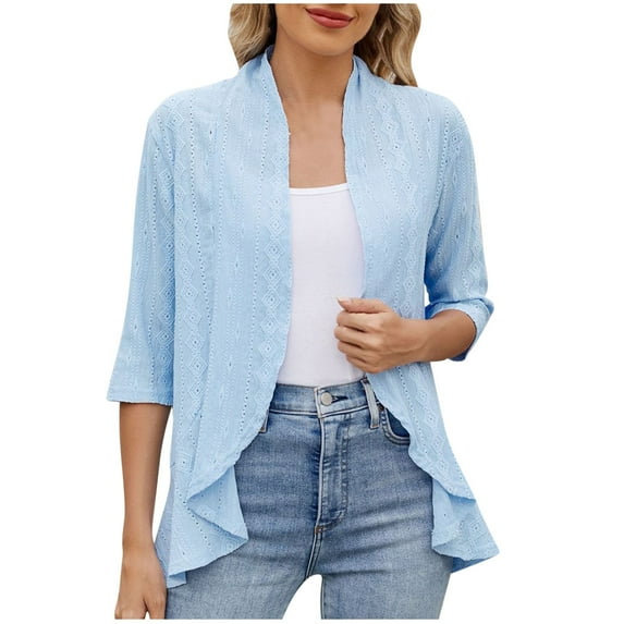 Cardigan For Womens Casual Spring Summer Solid Color Cardigan Coat 3/4 Sleeve Ruffled Top Sky Blue L