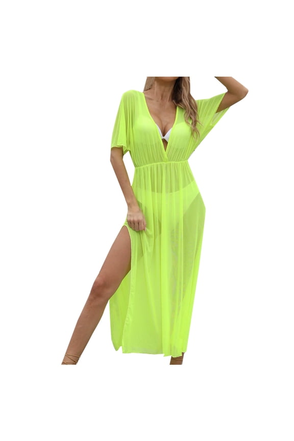 Cardigan For Womens Mesh Cover Ups Casual Spring Summer Solid Color Cardigan Coat Short Sleeve Top Green Free Size