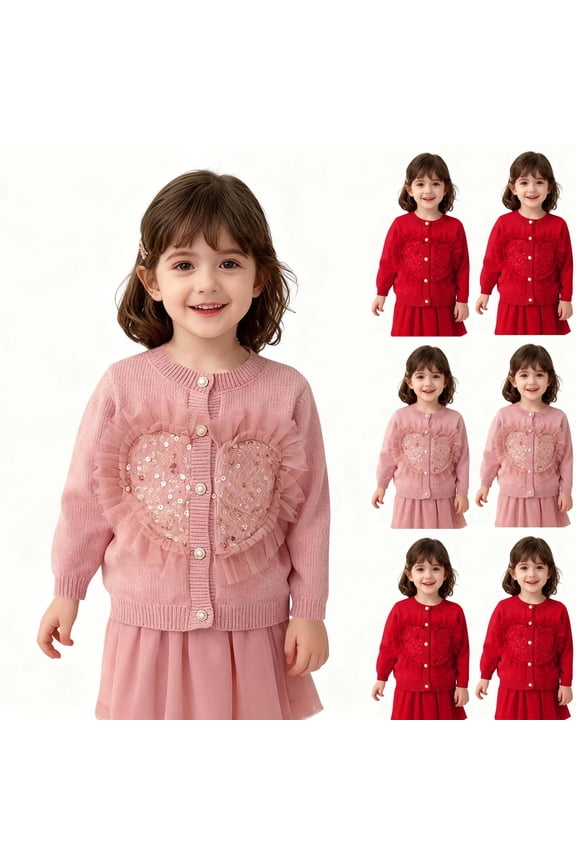 Cardigan Kids Casual Button Front Sweater Spring And Fal Winter Girls' Heart-Shaped Bow Pearl Button Sweater Cardigan Long Sleeve Sweate Red 5-6 Years