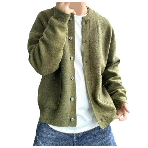 Cardigan Men Button Up Male Solid Color Long Sleeve Sting Collar Jacquard Mens Warm Coat,Army Green,L