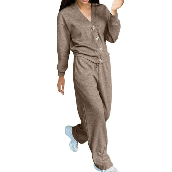 Cardigan Sets for Women 2 Piece Fashion Solid Color Long Sleeve Loungewear Loose V Neck Sweatshirt Tracksuits (Coffee 5XL)