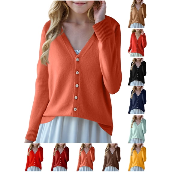 Cardigan Sweater Girls Solid‑Color V‑Neck Knit Cardigan, Long Sleeve Button Front Sweater with Side Pockets Brown S