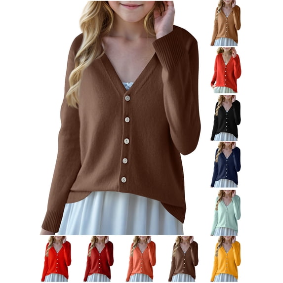 Cardigan Sweater Girls Solid‑Color V‑Neck Knit Cardigan, Long Sleeve Button Front Sweater with Side Pockets Coffee S