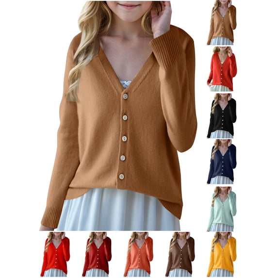 Cardigan Sweater Girls Solid‑Color V‑Neck Knit Cardigan, Long Sleeve Button Front Sweater with Side Pockets Gold L