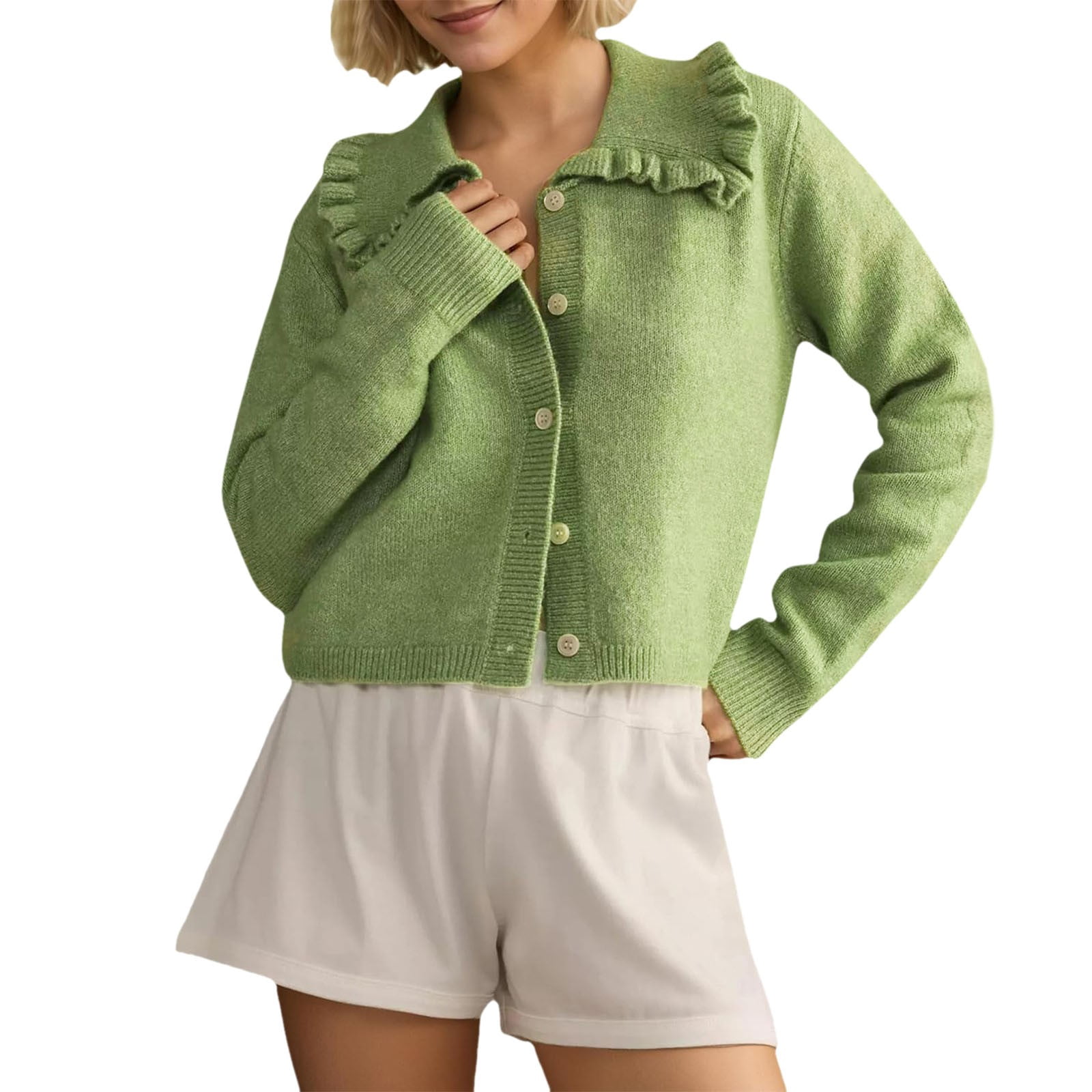 Cardigan Sweater Ruffle Collar Cropped Cardigan Solid Lapel Button Down ...