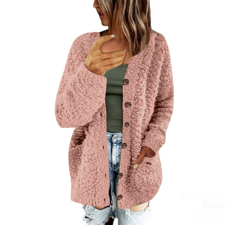 Cardigan Sweater Women s Cozy Fleece Casual Solid Color Button Down Long Sleeve Plush Coat with Pockets Plus Size Pink XXXXXL Walmart