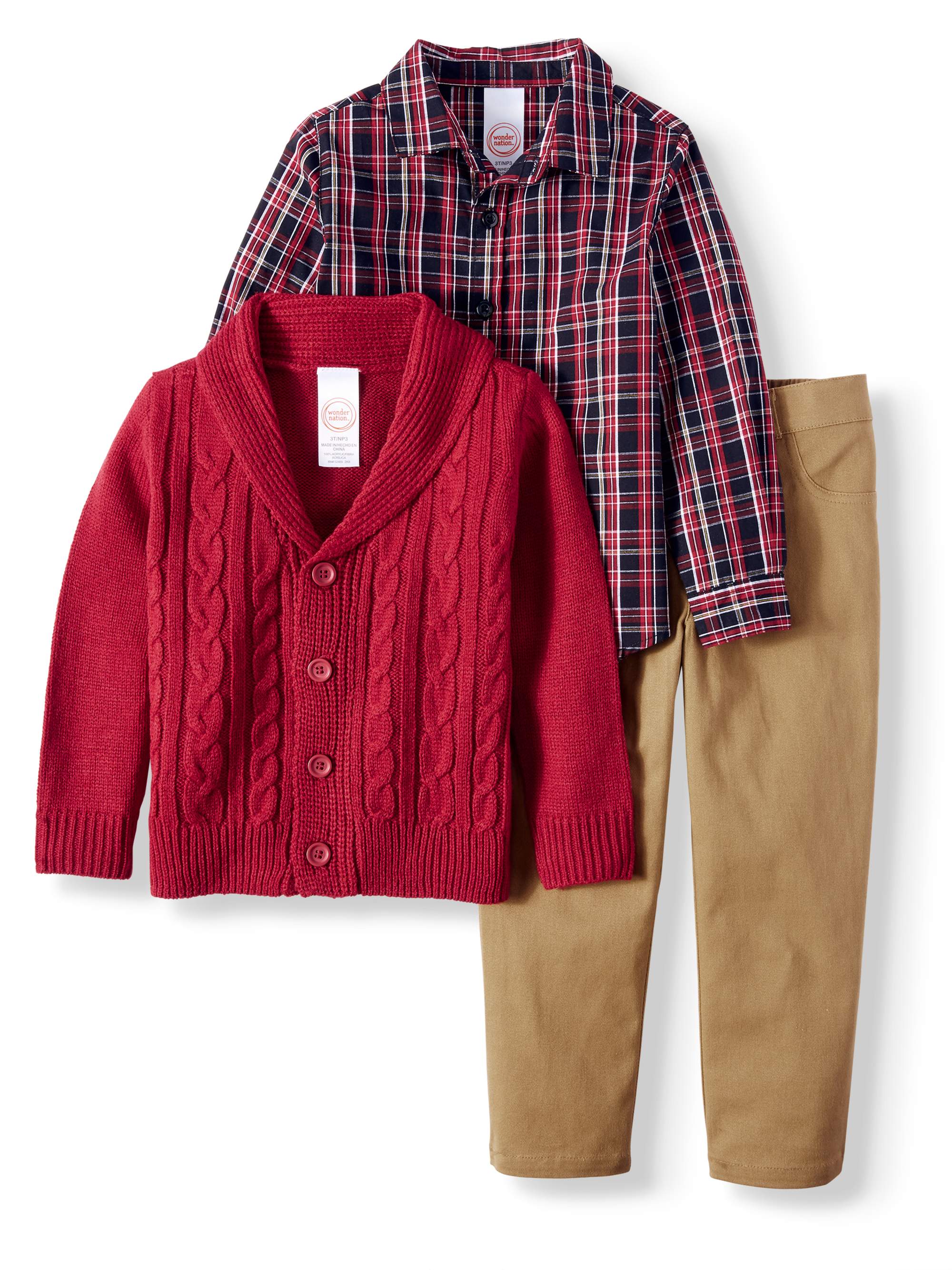 Cardigan Sweater, Woven Button-up Shirt & Twill Pants, 3pc Outfit Set - image 1 of 5