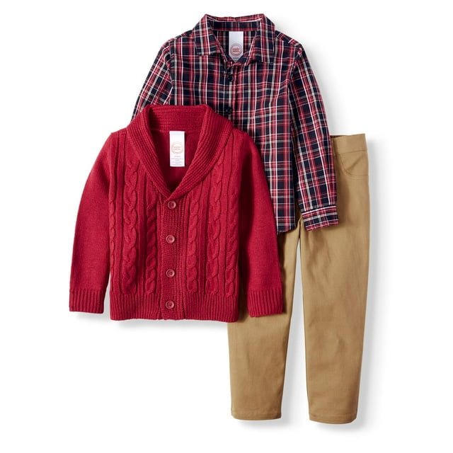 Cardigan Sweater, Woven Button-up Shirt & Twill Pants, 3pc Outfit Set